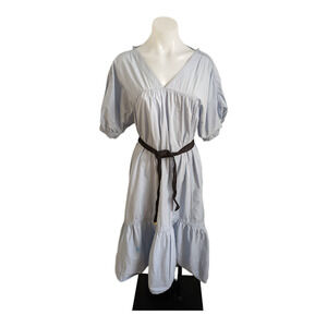 3.1 Philip Lim Size 6 A Line Midi Dress Blue Belted Cut Out V Neck Short Sleeves